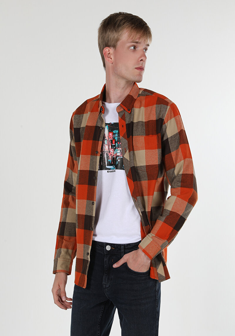 Regular Fit Shirt Neck Ekoseli Erkek Turuncu Uzun Kol Gömlek