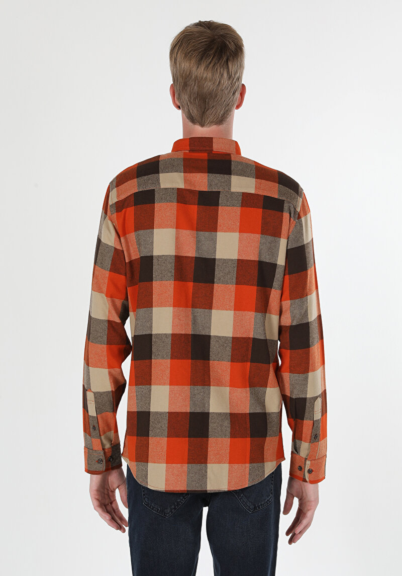Regular Fit Shirt Neck Ekoseli Erkek Turuncu Uzun Kol Gömlek