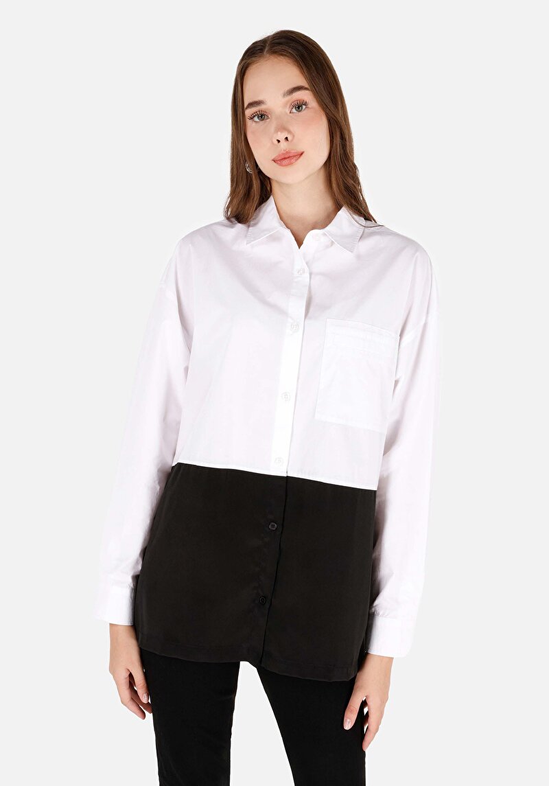 Regular Fit Dokuma Kadın Beyaz Uzun Kollu Gömlek