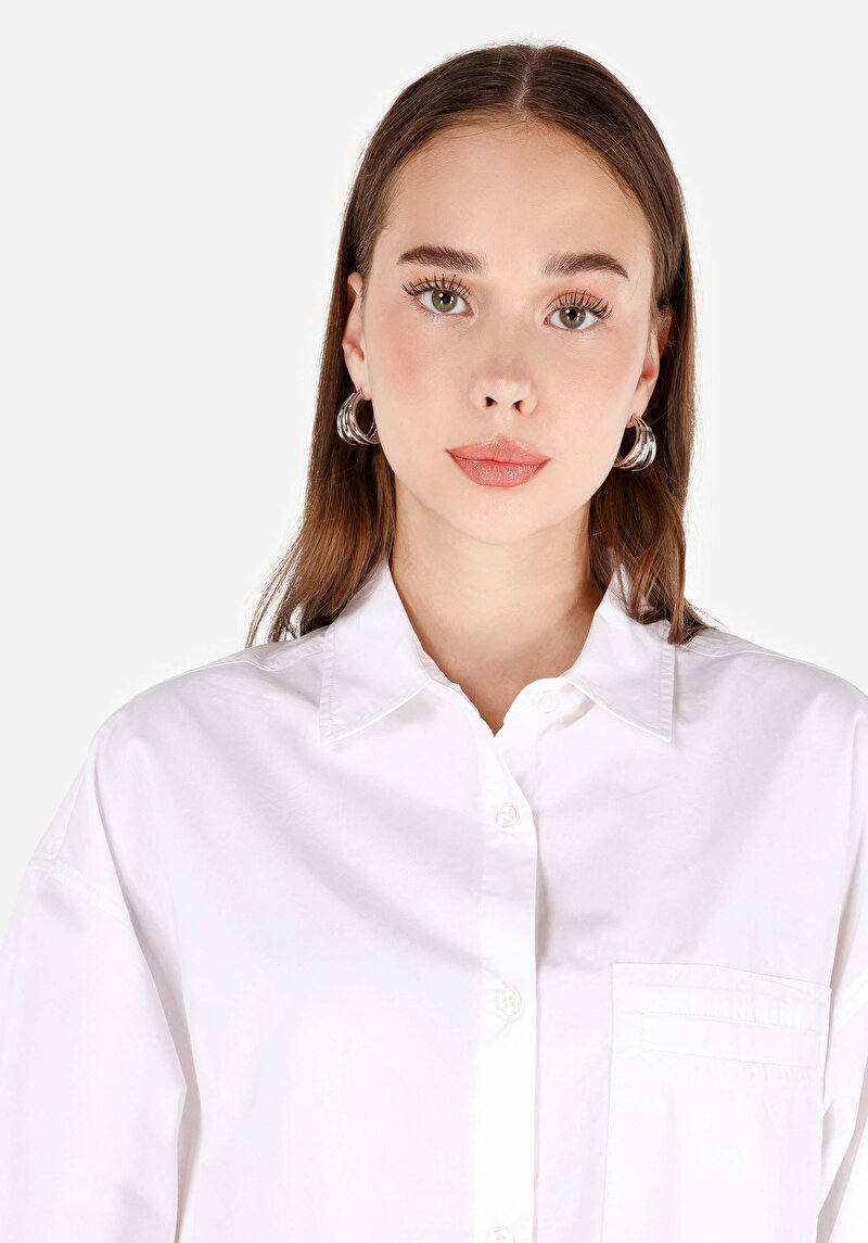 Regular Fit Dokuma Kadın Beyaz Uzun Kollu Gömlek