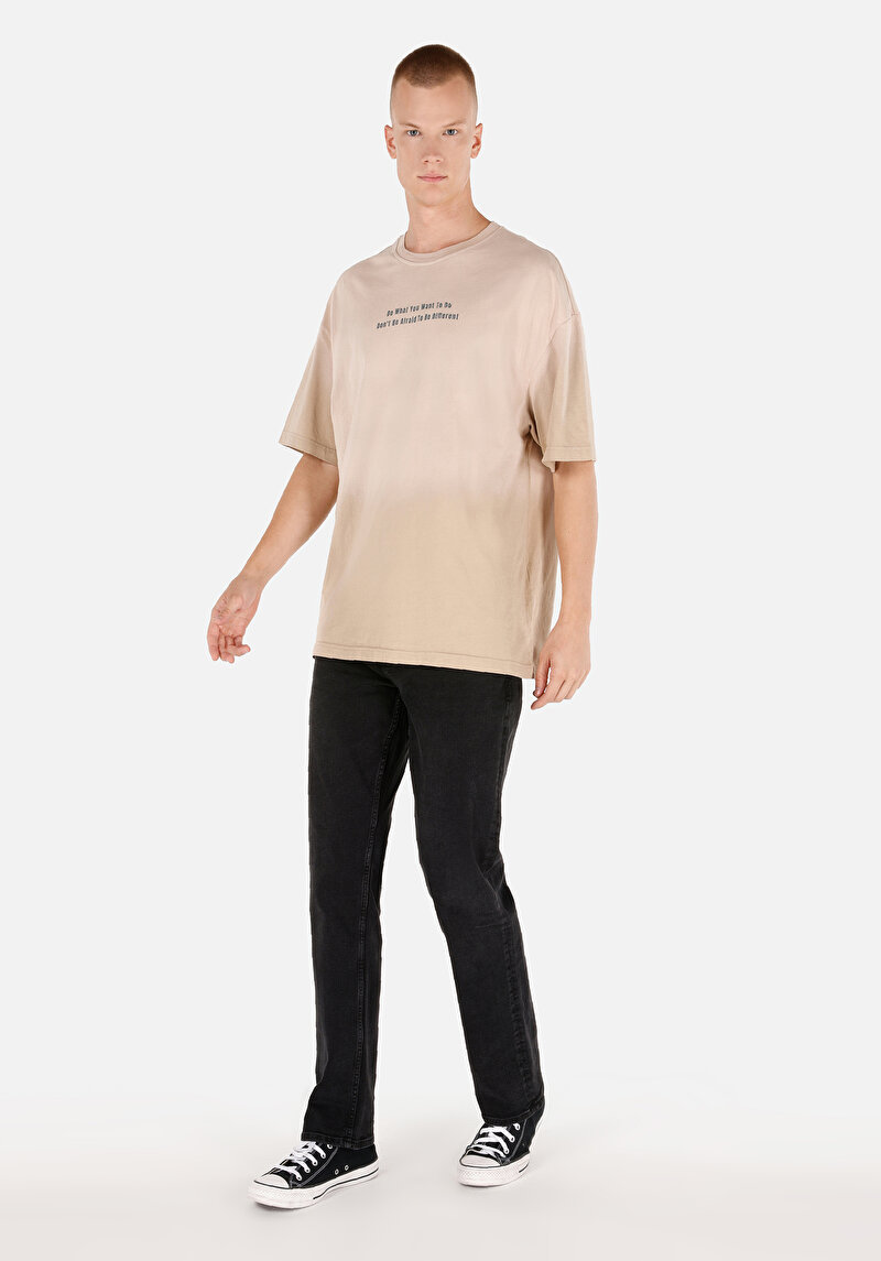 Oversize Fit Yuvarlak Yaka  Erkek Ekru Kısa Kol Tişört