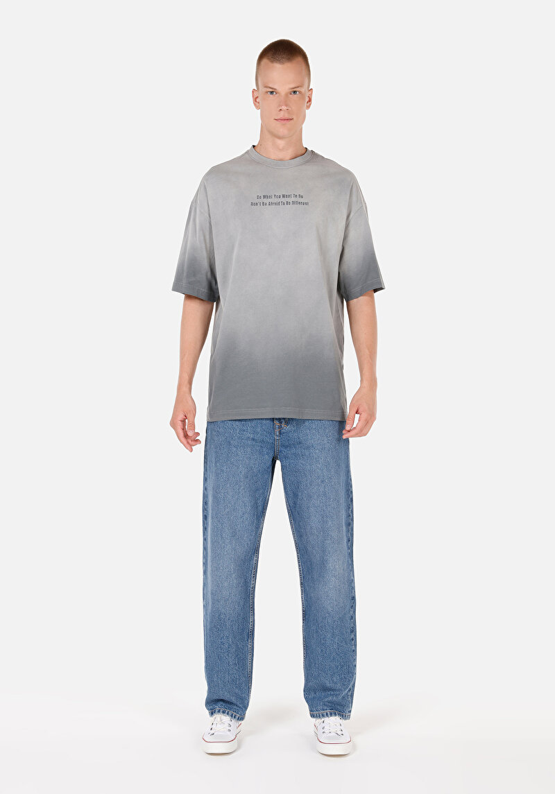 Oversize Fit Yuvarlak Yaka  Erkek Gri Kısa Kol Tişört