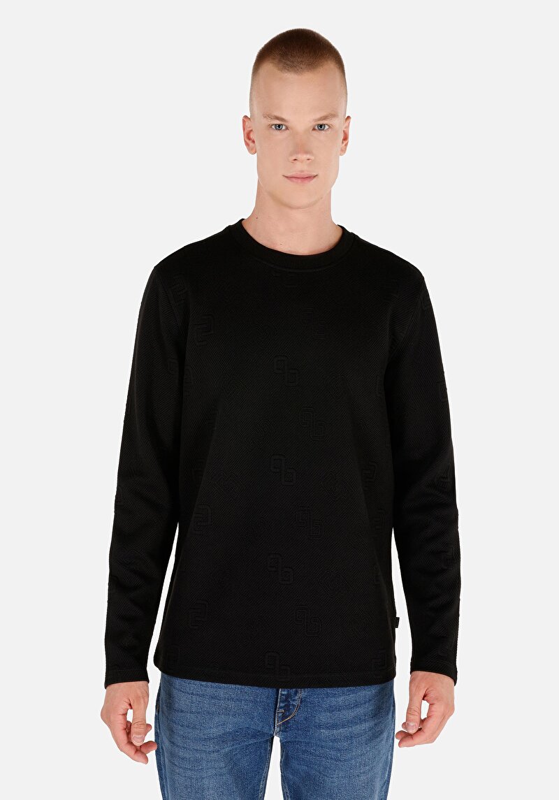 Regular Fit Yuvarlak Yaka Örme Jakarlı Erkek Siyah Uzun Kol Tişört