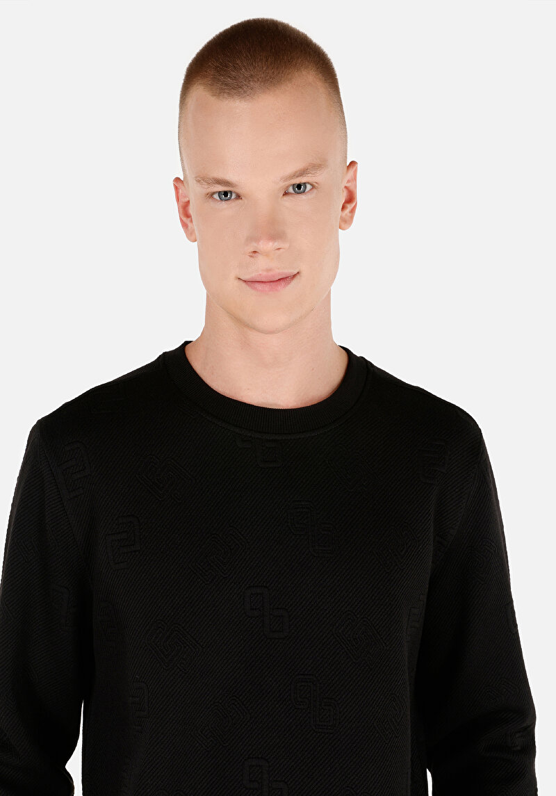 Regular Fit Yuvarlak Yaka Örme Jakarlı Erkek Siyah Uzun Kol Tişört