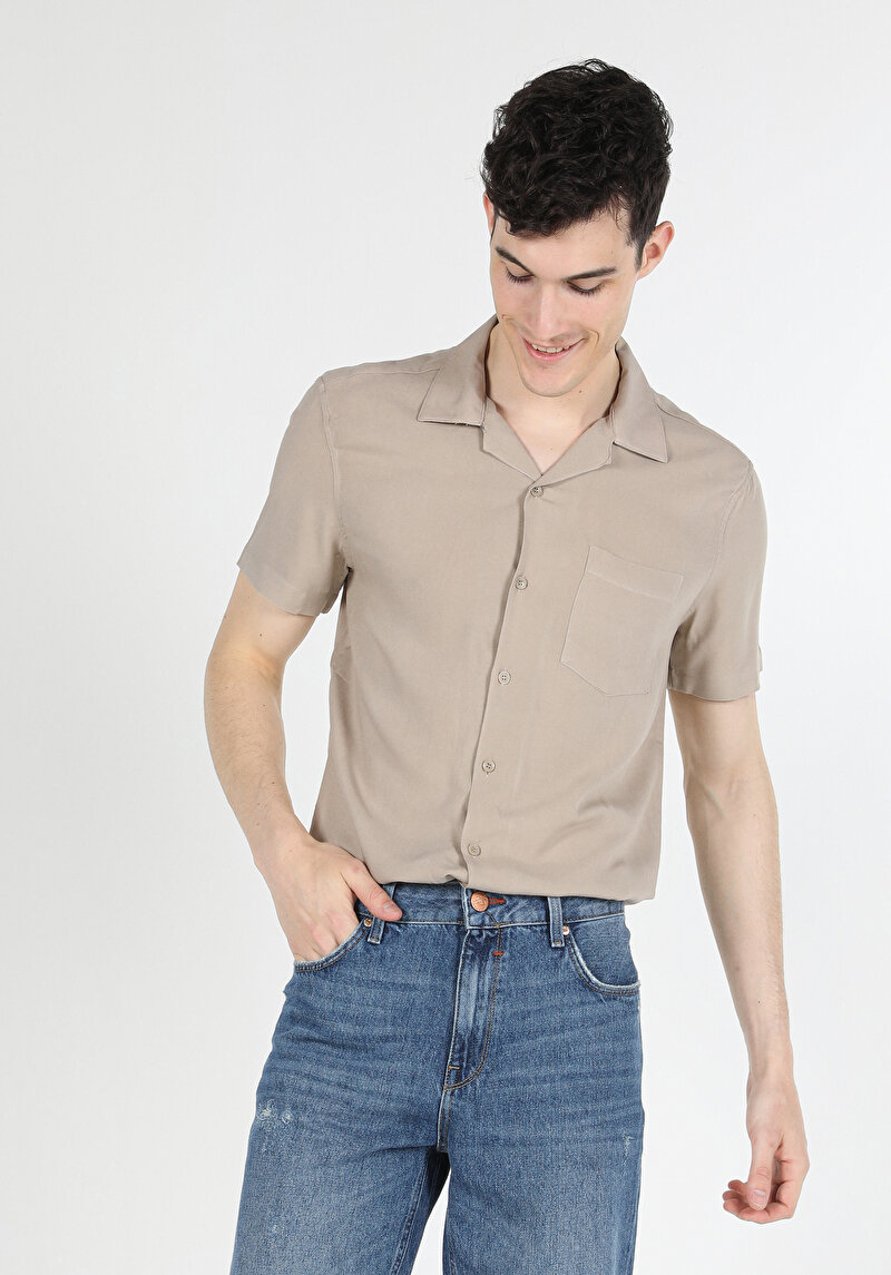 Regular Fit Basic Bej Erkek Kısa Kol Gömlek