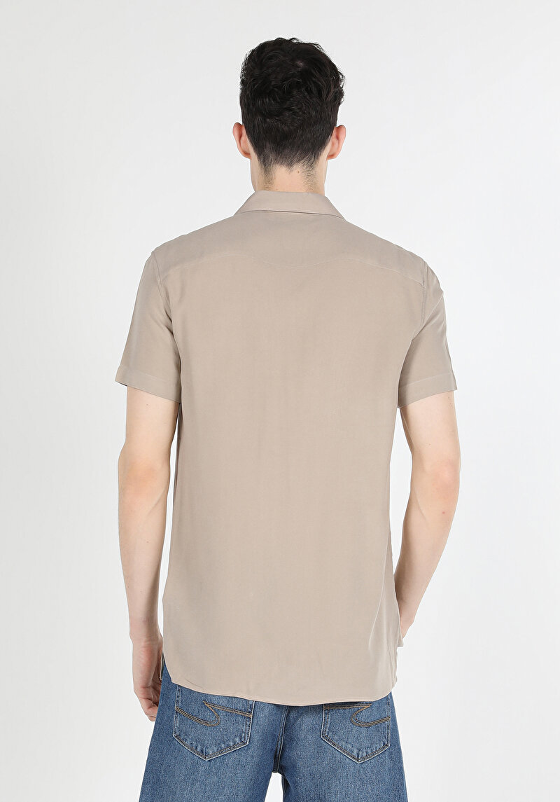 Regular Fit Basic Bej Erkek Kısa Kol Gömlek