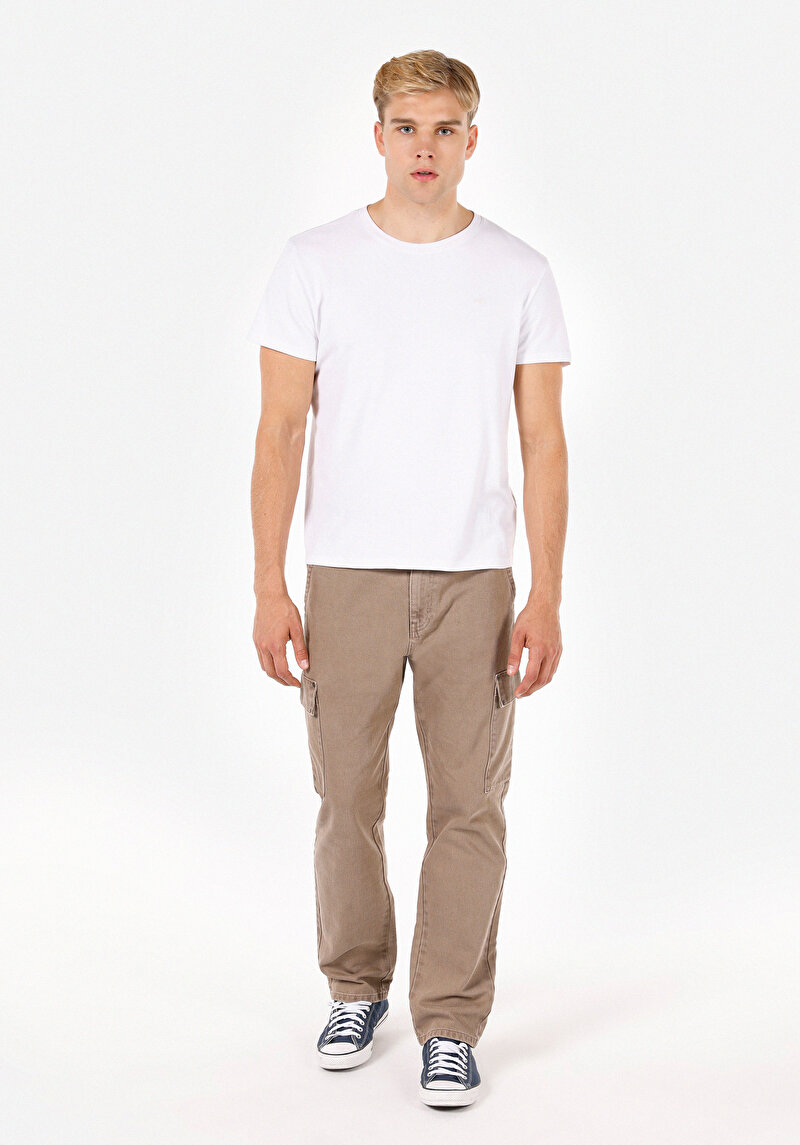 Comfort Fit Orta Bel Düz Paça Erkek Dokuma Bej Pantolon