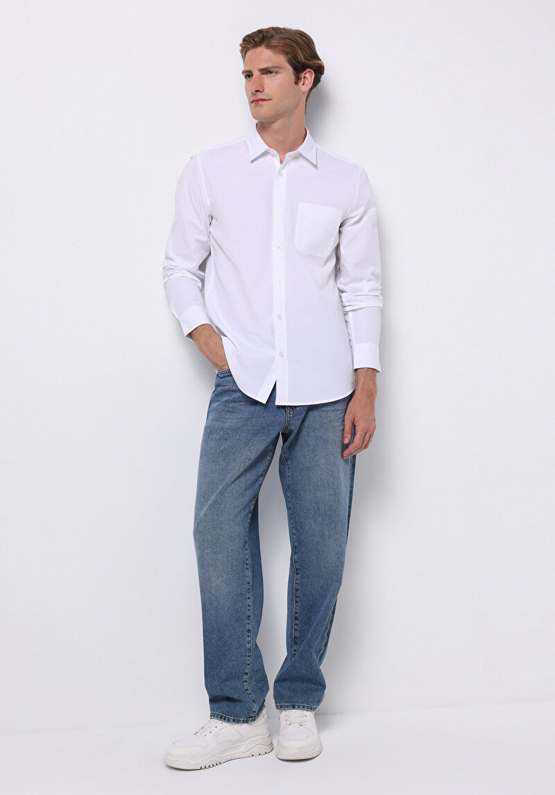 Slim Fit Shirt Neck Düz Erkek Beyaz Uzun Kol Gömlek