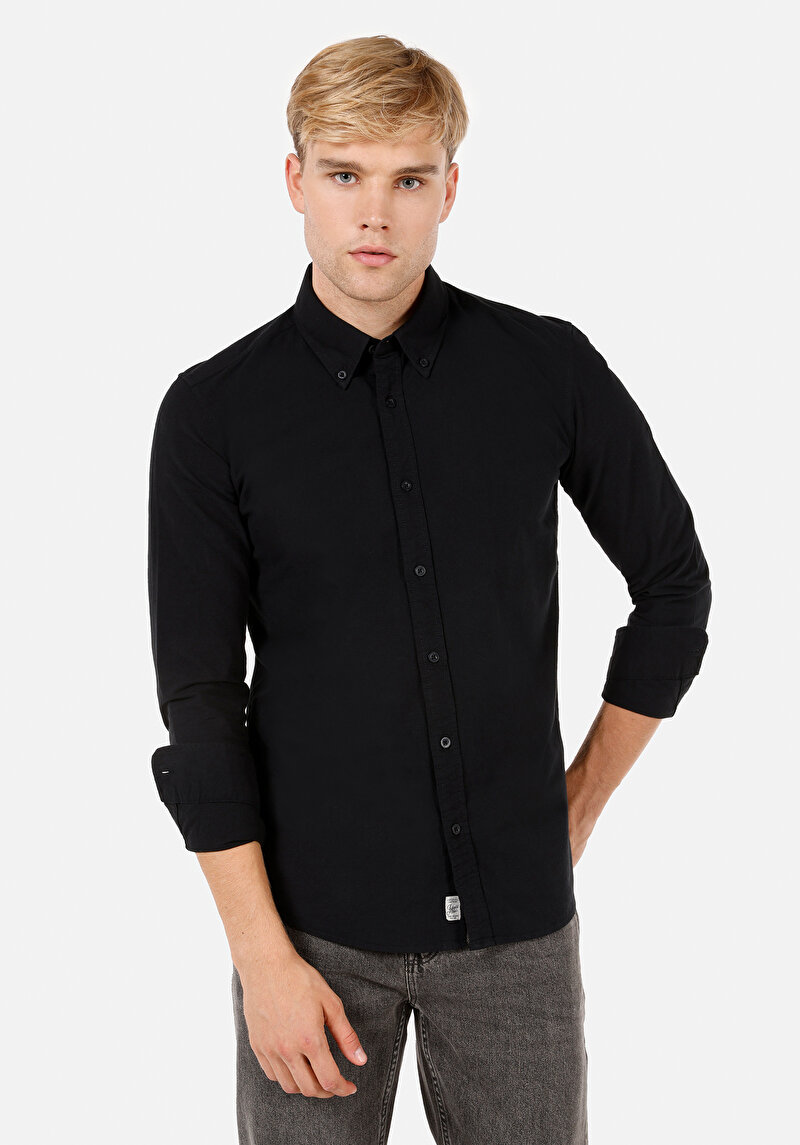 Slim Fit Shirt Neck Erkek Siyah Uzun Kol Gömlek