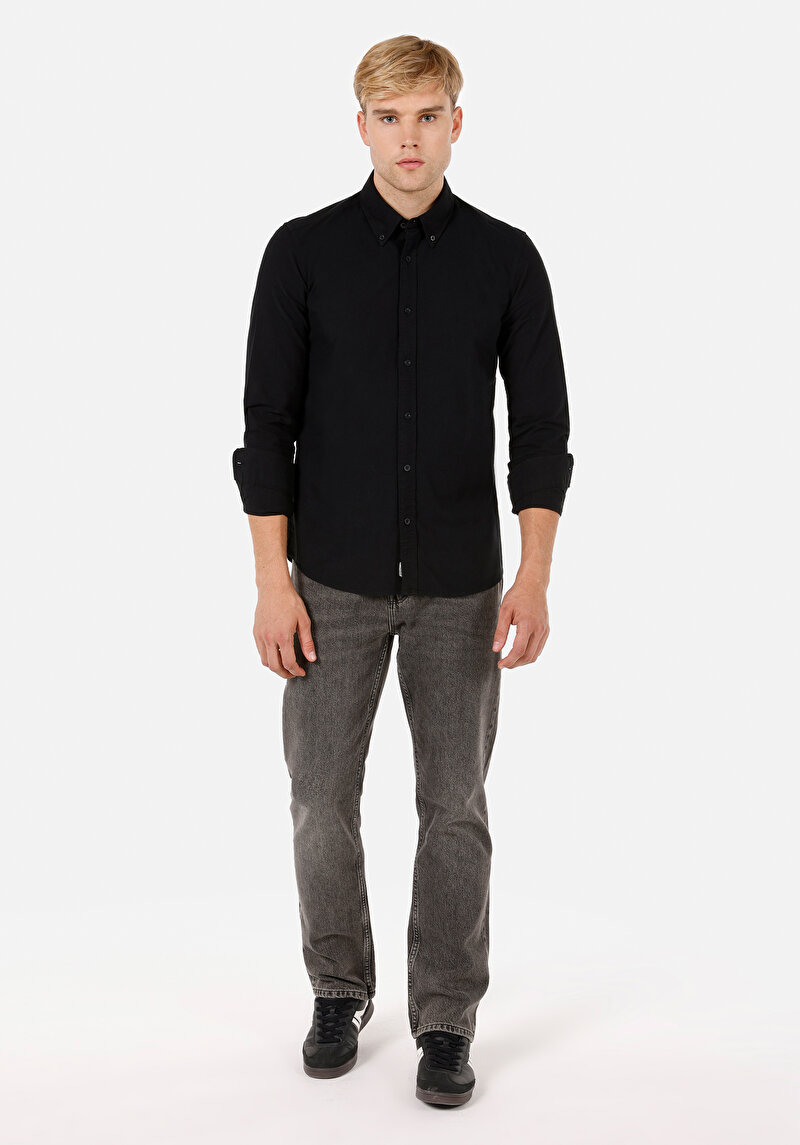 Slim Fit Shirt Neck Erkek Siyah Uzun Kol Gömlek