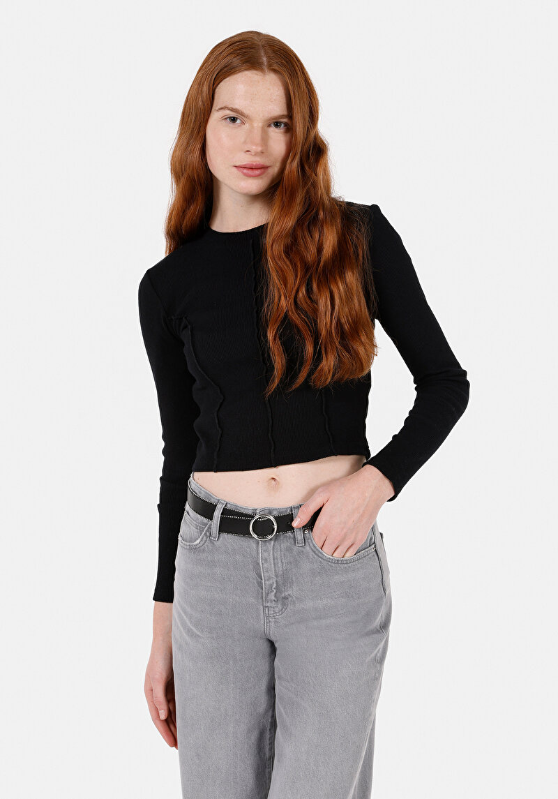 Slim Fit Yuvarlak Yaka Düz Kadın Siyah Uzun Kol Tişört