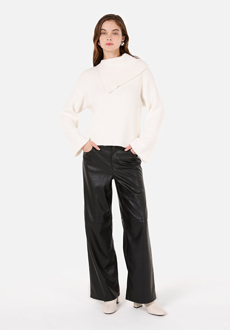 Regular Fit Balıkçı Yaka Kadın Ekru Kazak