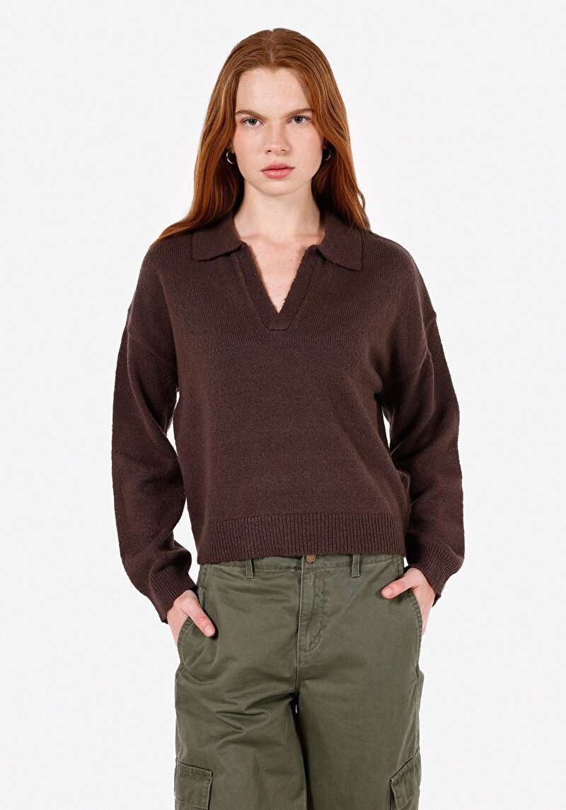 Regular Fit Polo Yaka Düz Kadın Kahverengi Kazak