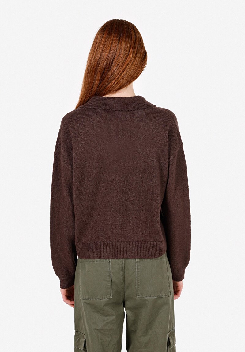 Regular Fit Polo Yaka Düz Kadın Kahverengi Kazak