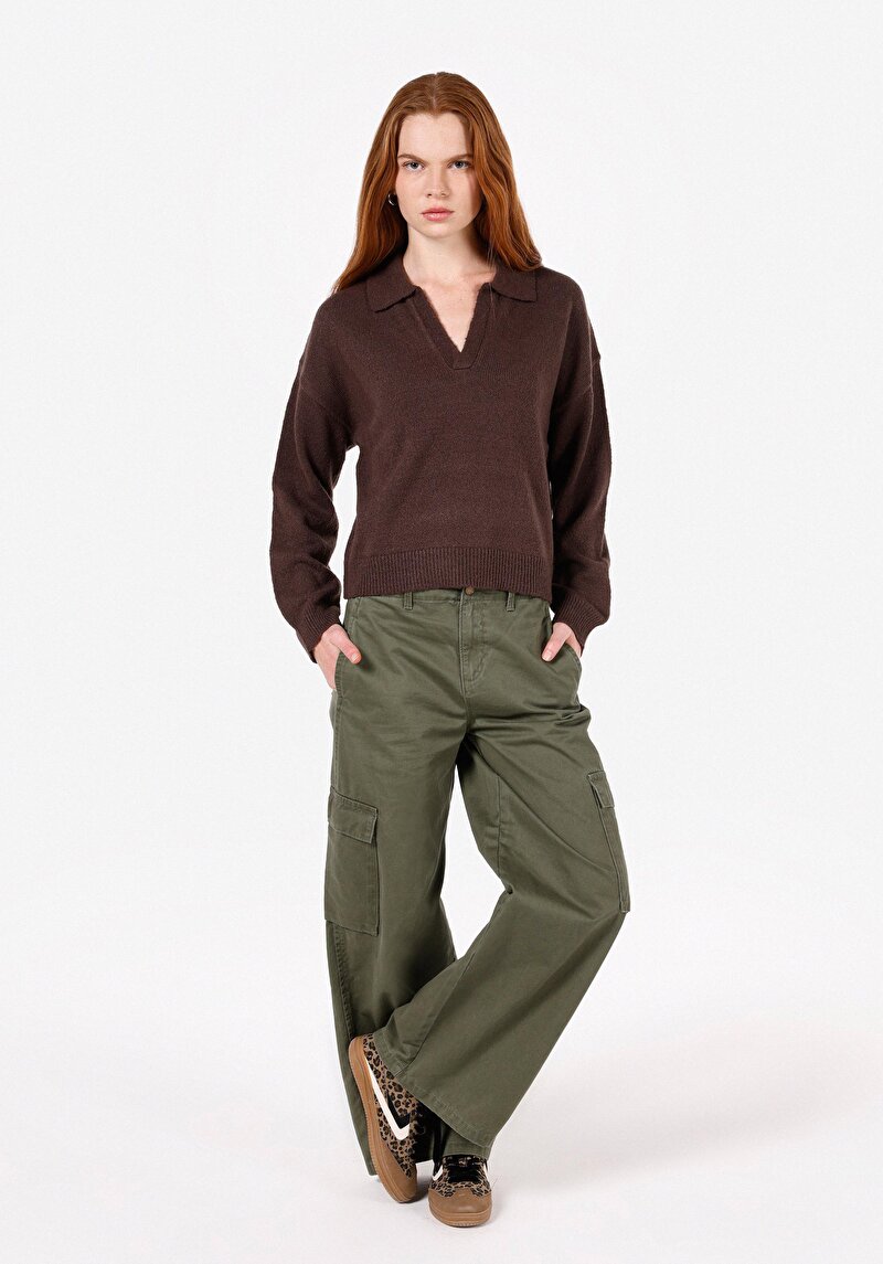 Regular Fit Polo Yaka Düz Kadın Kahverengi Kazak