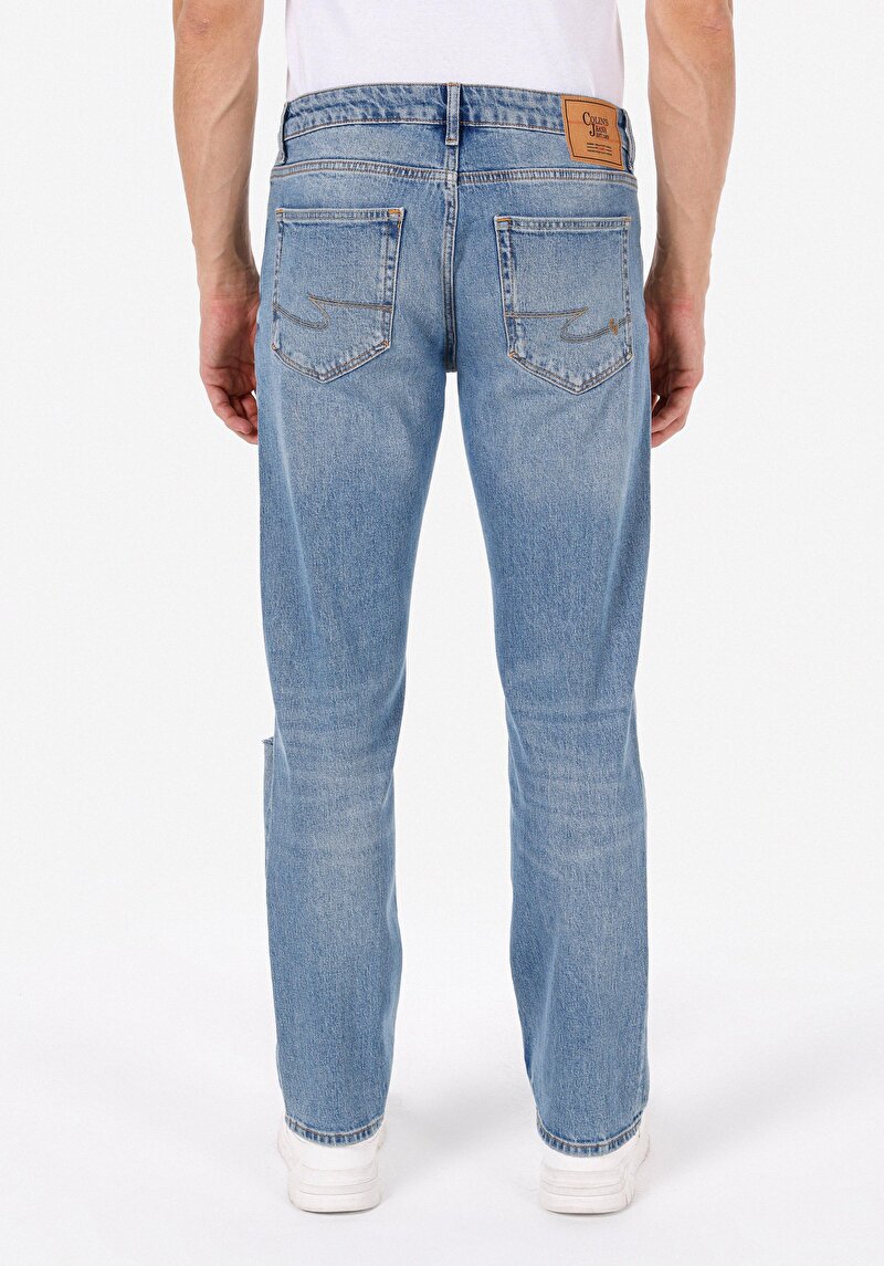 Regular Fit Erkek Fermuarlı Mid İndigo Denim Jean Pantolon