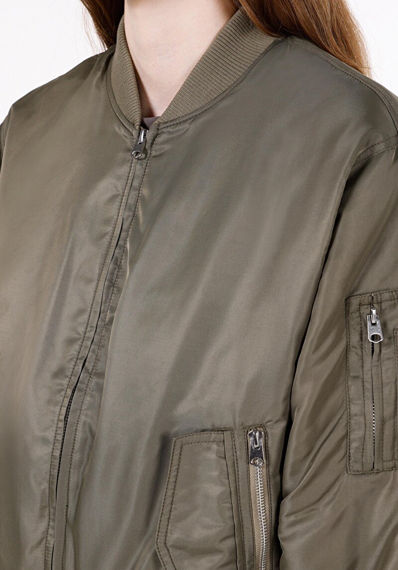 Regular Fit Kolej Yaka Fermuarlı Astarlı Suya Dayanıklı Kadın Yeşil Mont