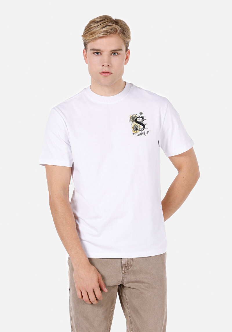 Comfort Fit Yuvarlak Yaka Baskılı Erkek Beyaz Kısa Kol Tişört