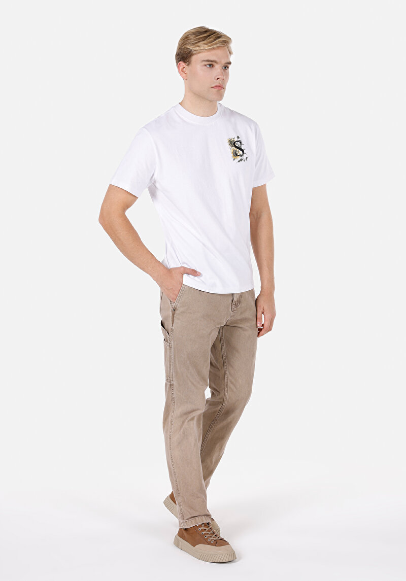 Comfort Fit Yuvarlak Yaka Baskılı Erkek Beyaz Kısa Kol Tişört