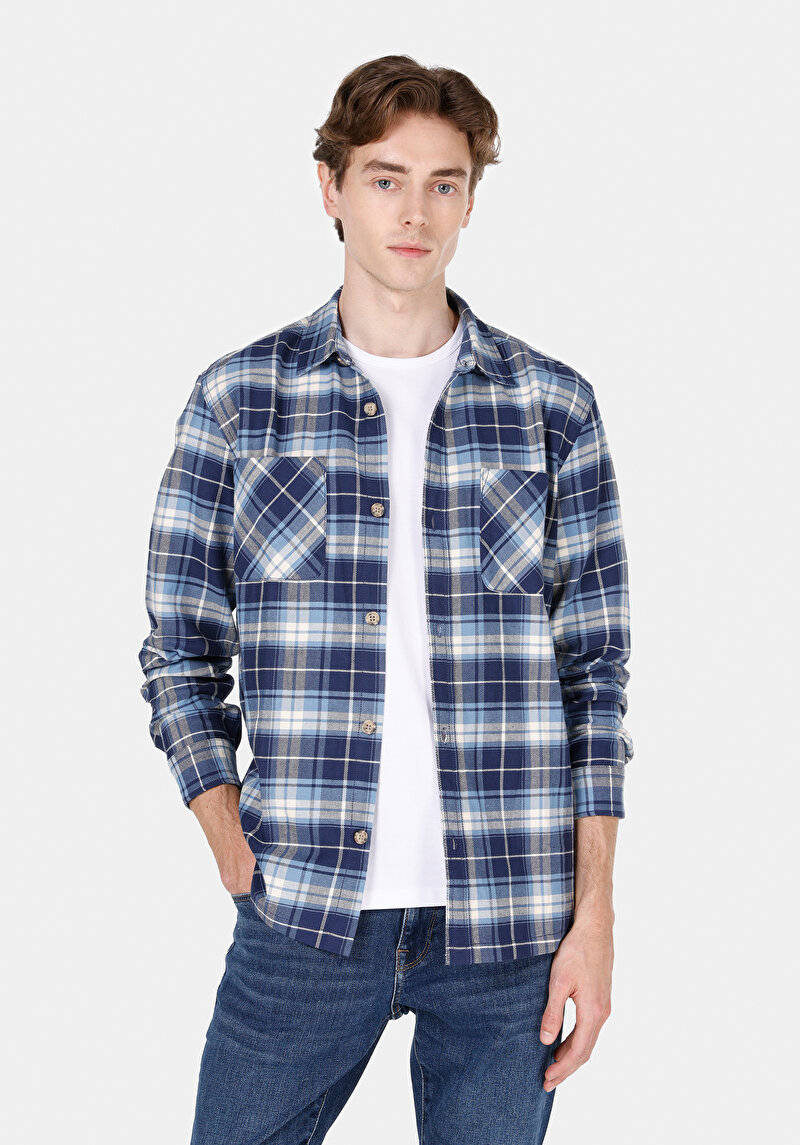 Regular Fit Shirt Neck Ekoseli Erkek Mavi Uzun Kol Gömlek