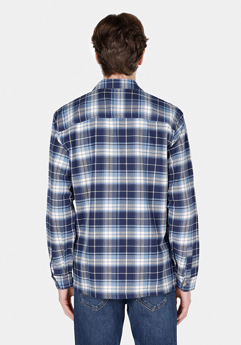 Regular Fit Shirt Neck Ekoseli Erkek Mavi Uzun Kol Gömlek