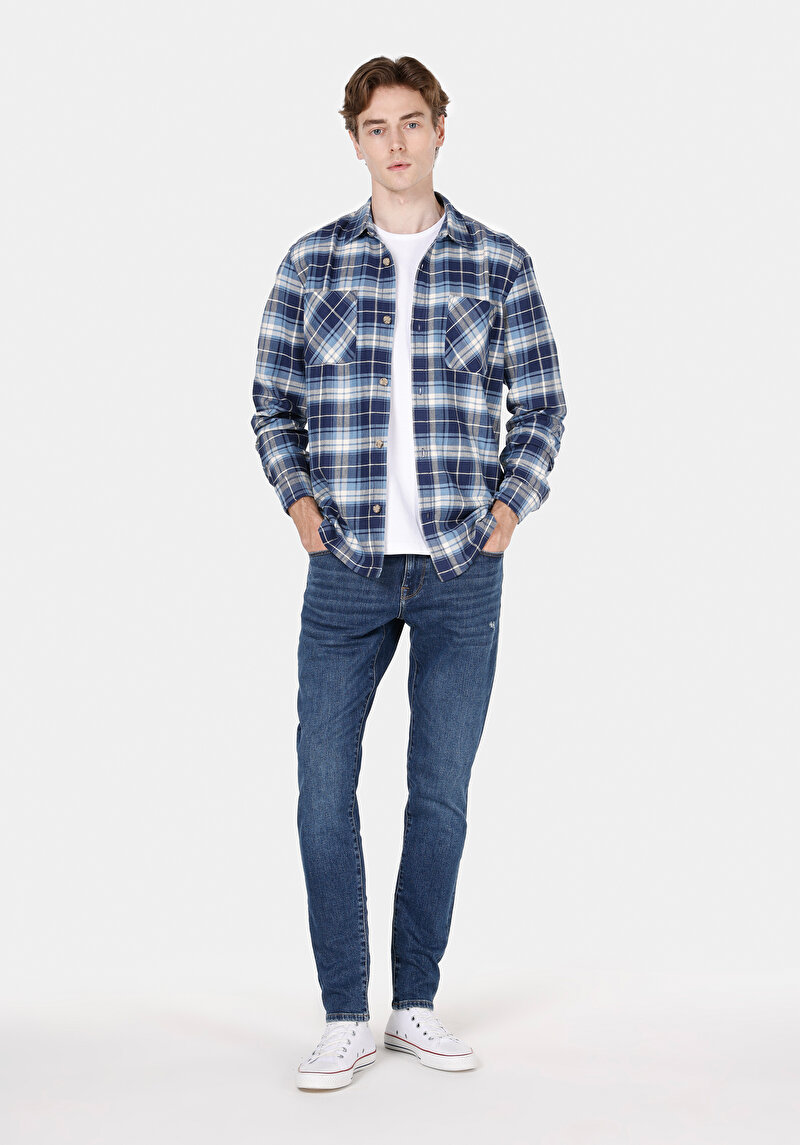 Regular Fit Shirt Neck Ekoseli Erkek Mavi Uzun Kol Gömlek