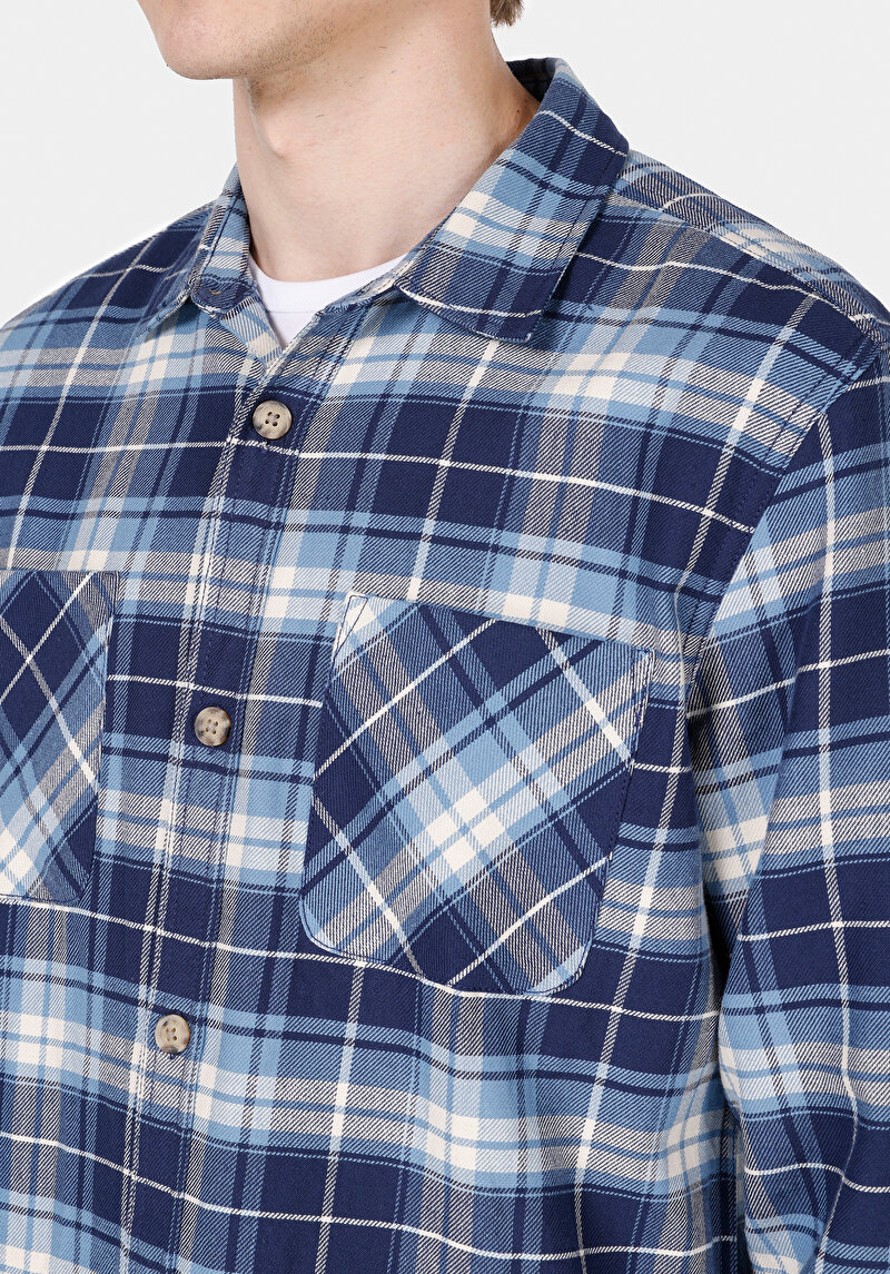 Regular Fit Shirt Neck Ekoseli Erkek Mavi Uzun Kol Gömlek