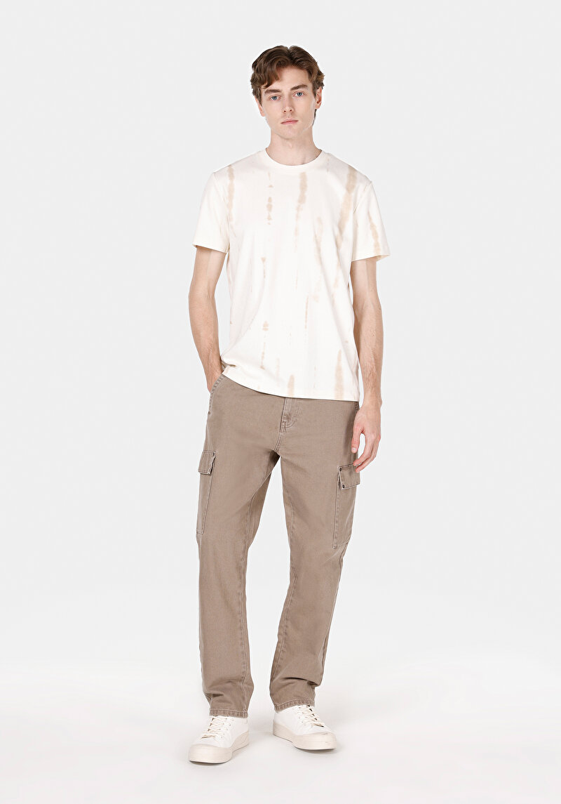 Regular Fit Yuvarlak Yaka Baskılı Erkek Bej Kısa Kol Tişört