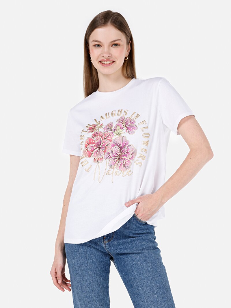 Regular Fit Yuvarlak Yaka Baskılı Kadın Beyaz Kısa Kol Tişört