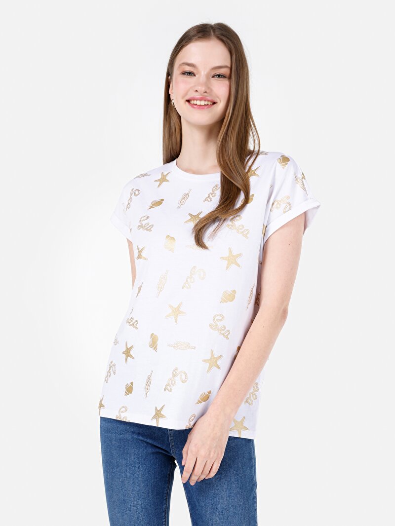 Regular Fit Yuvarlak Yaka Baskılı Kadın Beyaz Kısa Kol Tişört