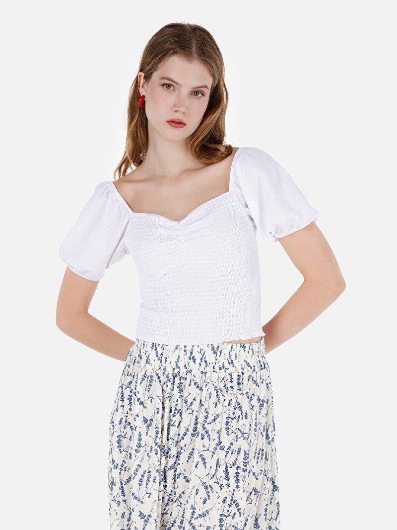 Slim Fit V Yaka Düz Kadın Beyaz Karpuz Tişört