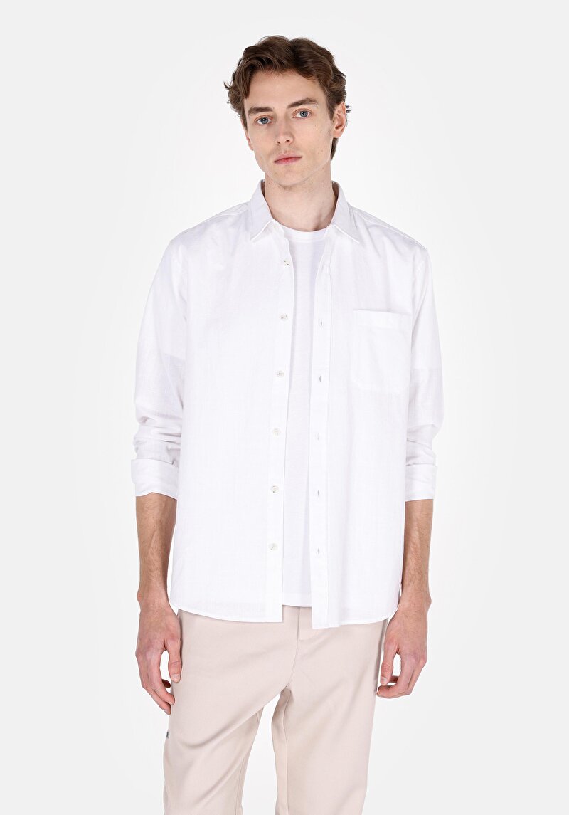 Regular Fit Shirt Neck Düz Erkek Beyaz Uzun Kol Gömlek