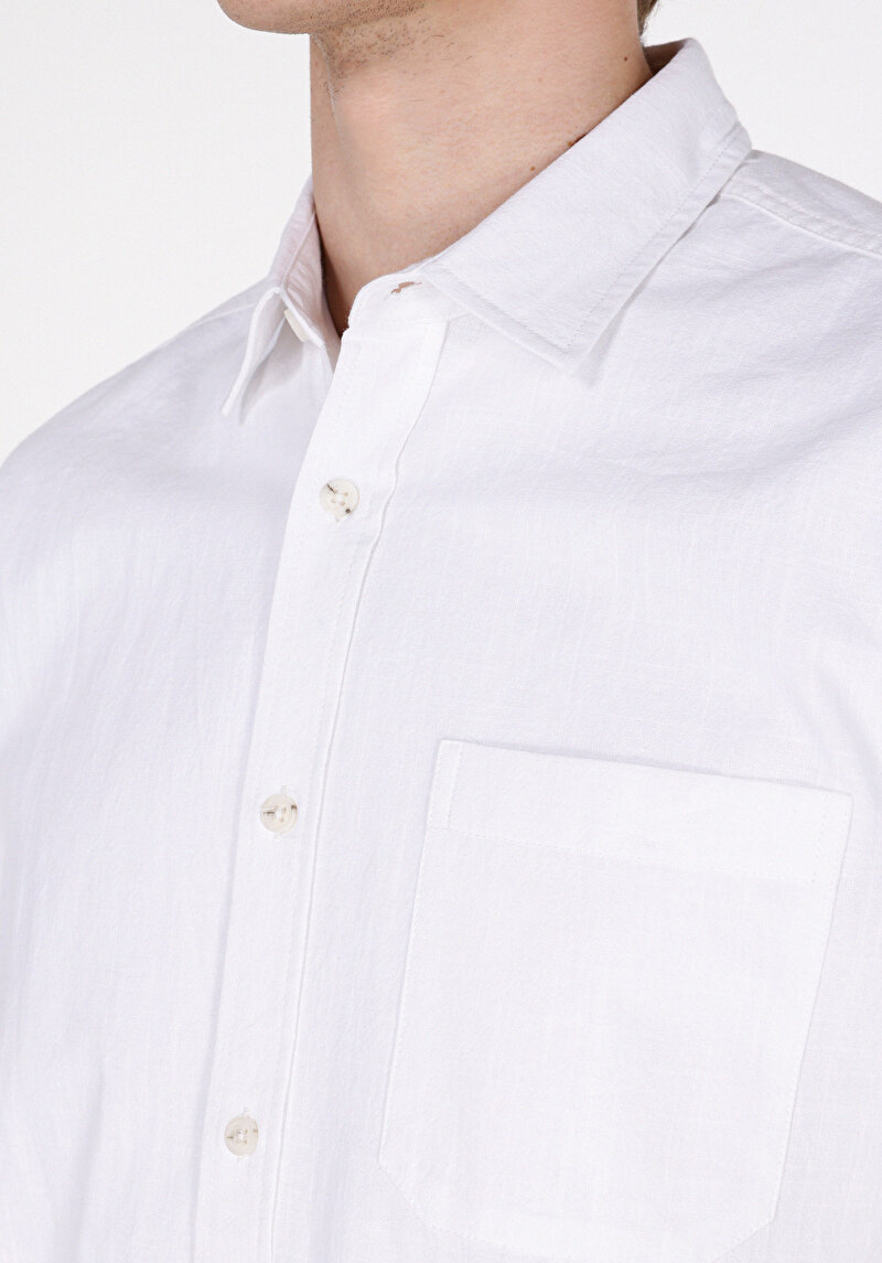 Regular Fit Shirt Neck Düz Erkek Beyaz Uzun Kol Gömlek