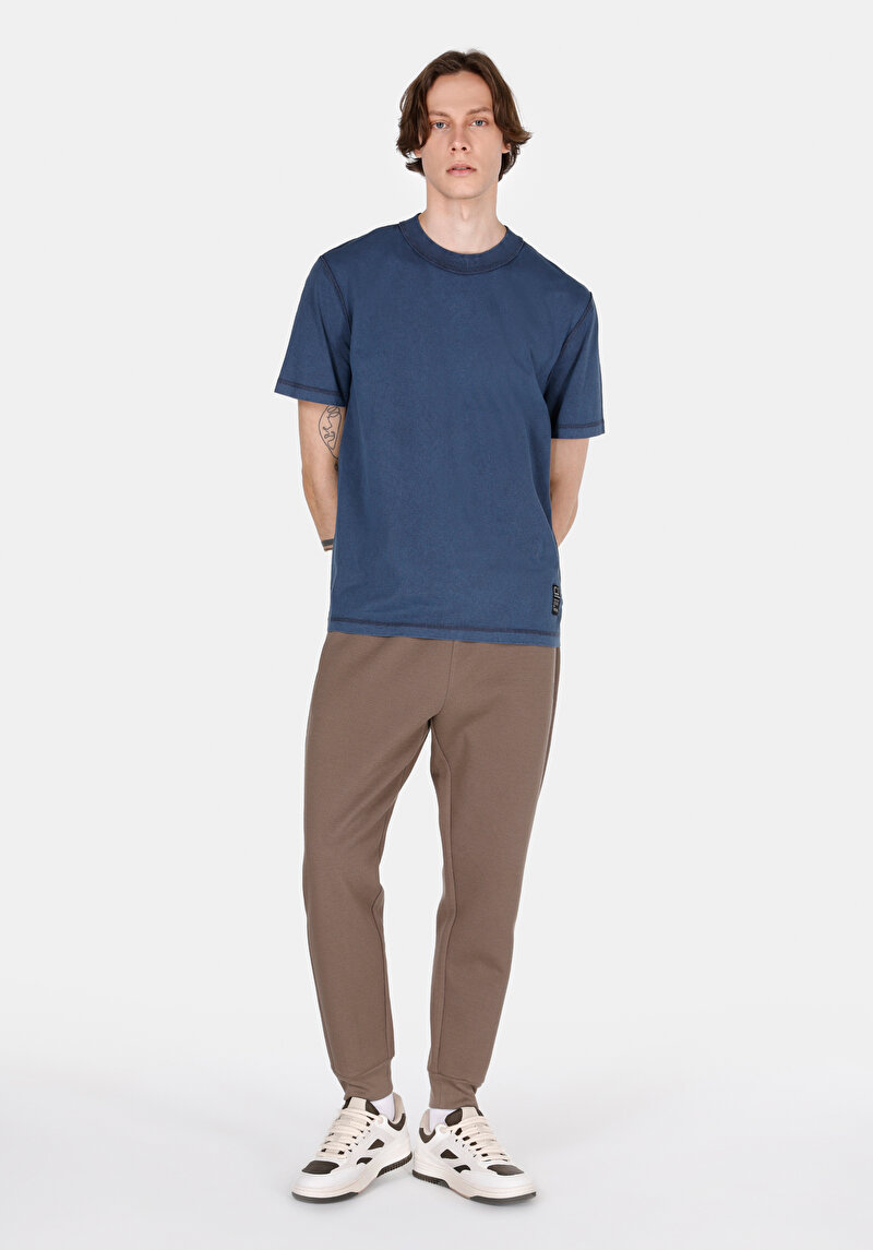 Comfort Fit Yuvarlak Yaka Düz Erkek Mavi Kısa Kol Tişört