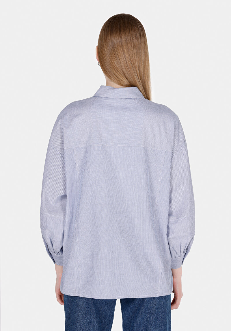 Relaxed Fit Shirt Neck Çizgili Kadın Mavi ¾ Kol Gömlek