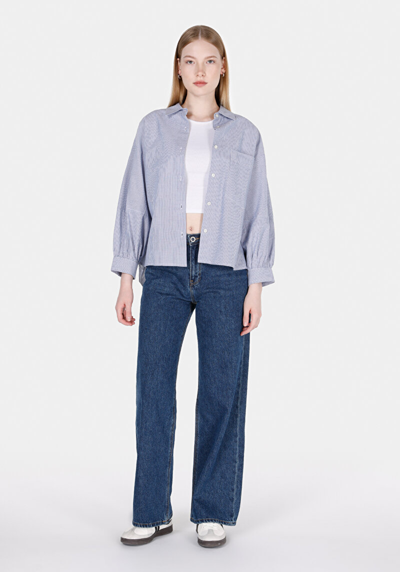 Relaxed Fit Shirt Neck Çizgili Kadın Mavi ¾ Kol Gömlek