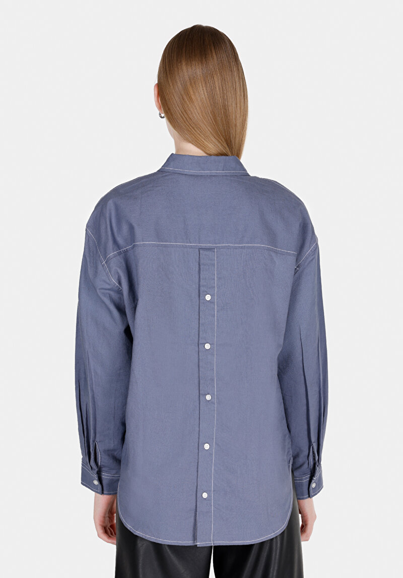 Regular Fit Shirt Neck Düz Kadın Mavi Uzun Kol Gömlek