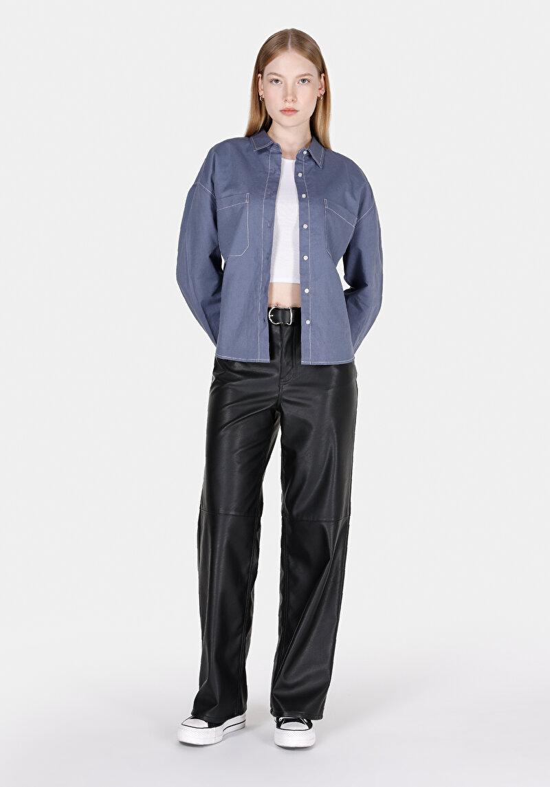 Regular Fit Shirt Neck Düz Kadın Mavi Uzun Kol Gömlek