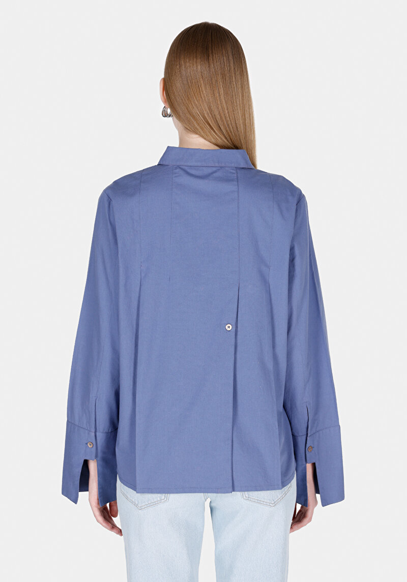 Regular Fit Shirt Neck Düz Kadın Mavi Uzun Kol Gömlek