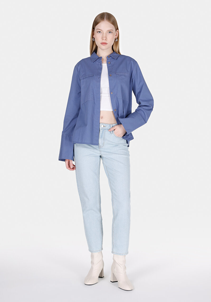 Regular Fit Shirt Neck Düz Kadın Mavi Uzun Kol Gömlek