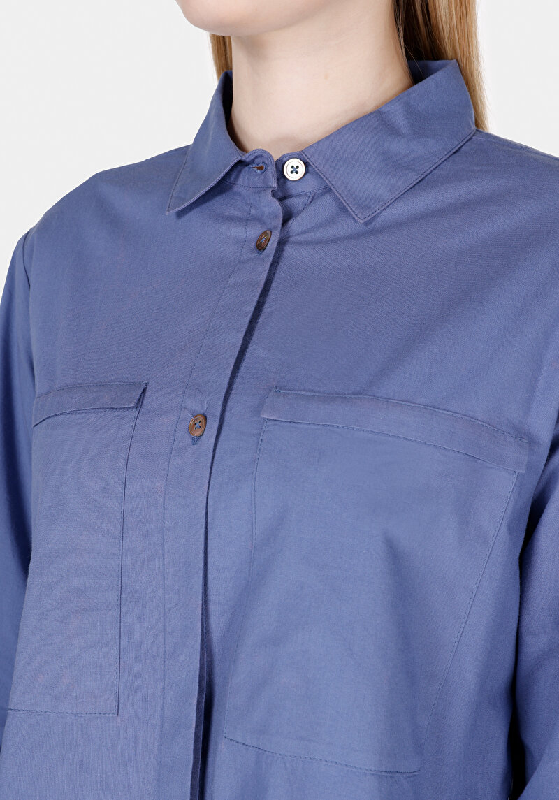 Regular Fit Shirt Neck Düz Kadın Mavi Uzun Kol Gömlek