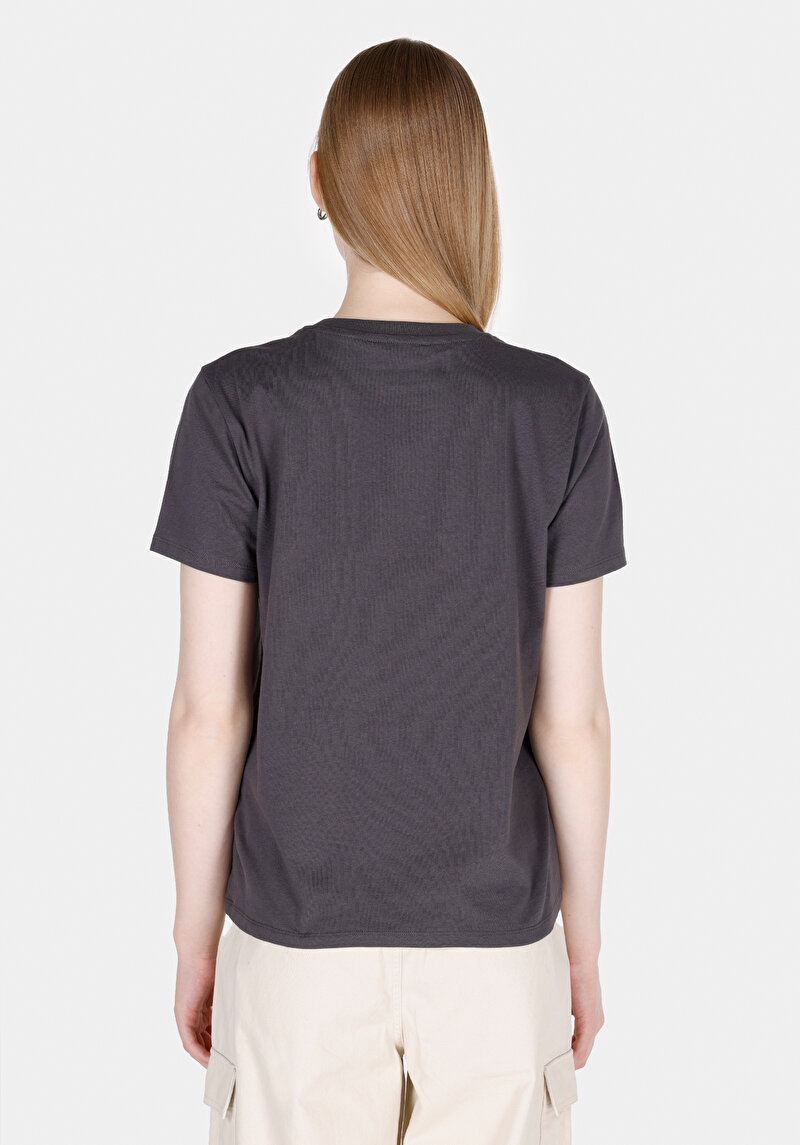 Regular Fit Pamuklu Yuvarlak Yaka Baskılı Kadın Antrasit Kısa Kol Tişört