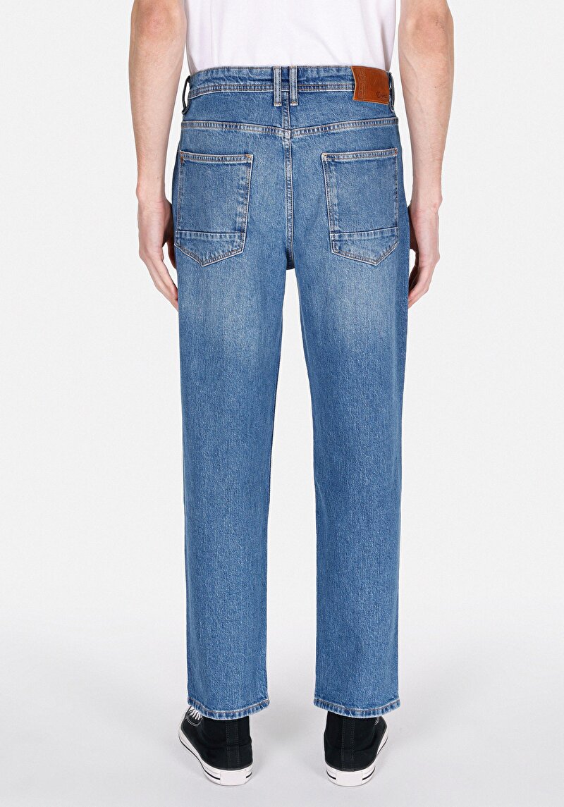 Loose Straight Fit Orta Bel Düz Paça Erkek Light İndigo Fermuarlı Denim Jean Pantolon