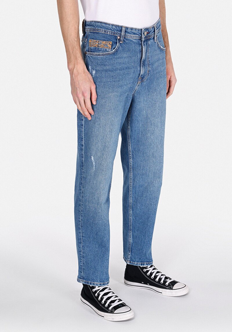 Loose Straight Fit Orta Bel Düz Paça Erkek Light İndigo Fermuarlı Denim Jean Pantolon