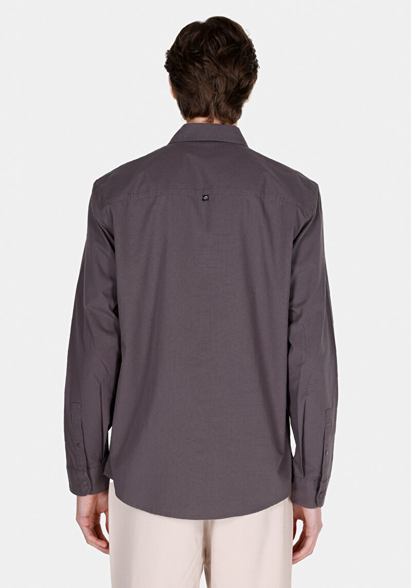 Regular Fit Shirt Neck Düz Erkek Gri Uzun Kol Gömlek