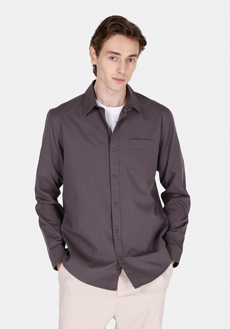 Regular Fit Shirt Neck Düz Erkek Gri Uzun Kol Gömlek