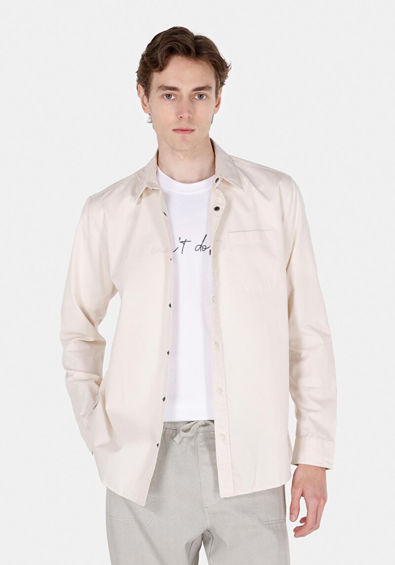 Regular Fit Shirt Neck Düz Erkek Ekru Uzun Kol Gömlek