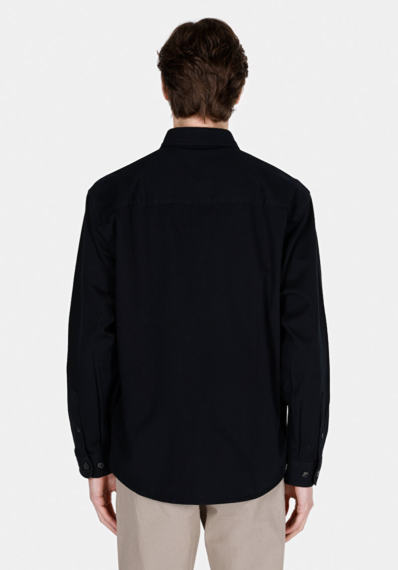 Comfort Fit Shirt Neck Düz Erkek Siyah Cepli Uzun Kol Gömlek