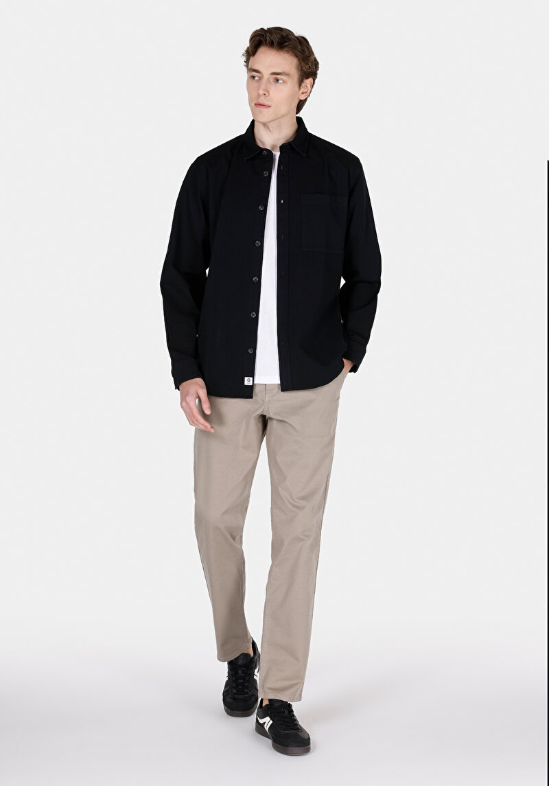 Comfort Fit Shirt Neck Düz Erkek Siyah Cepli Uzun Kol Gömlek