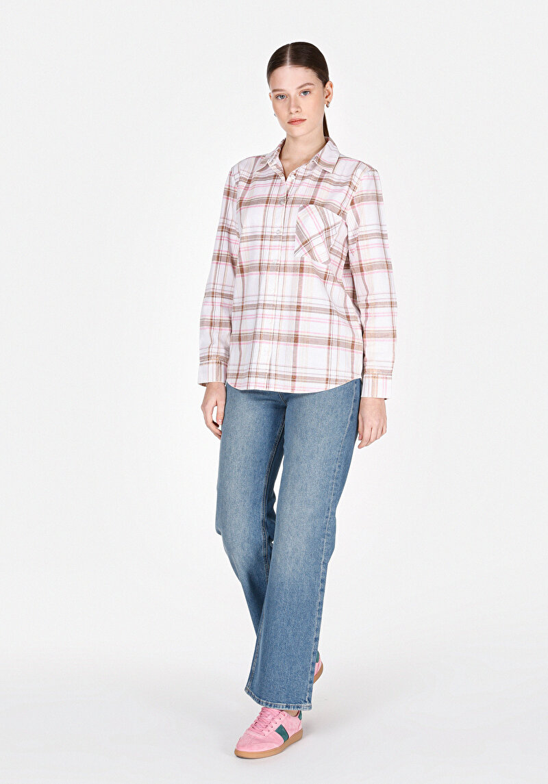 Regular Fit Shirt Neck Ekoseli Kadın Bej Uzun Kol Gömlek